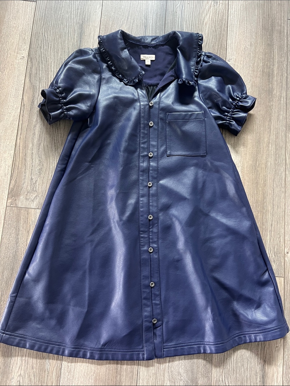 Pilcro by Anthropologie Navy Faux Leather Button-Front Dress with Ruffle Collar